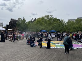 A large group of people gather outdoors on a paved area with trees in the background; some are seated or standing around a colorful circular artwork on the ground.